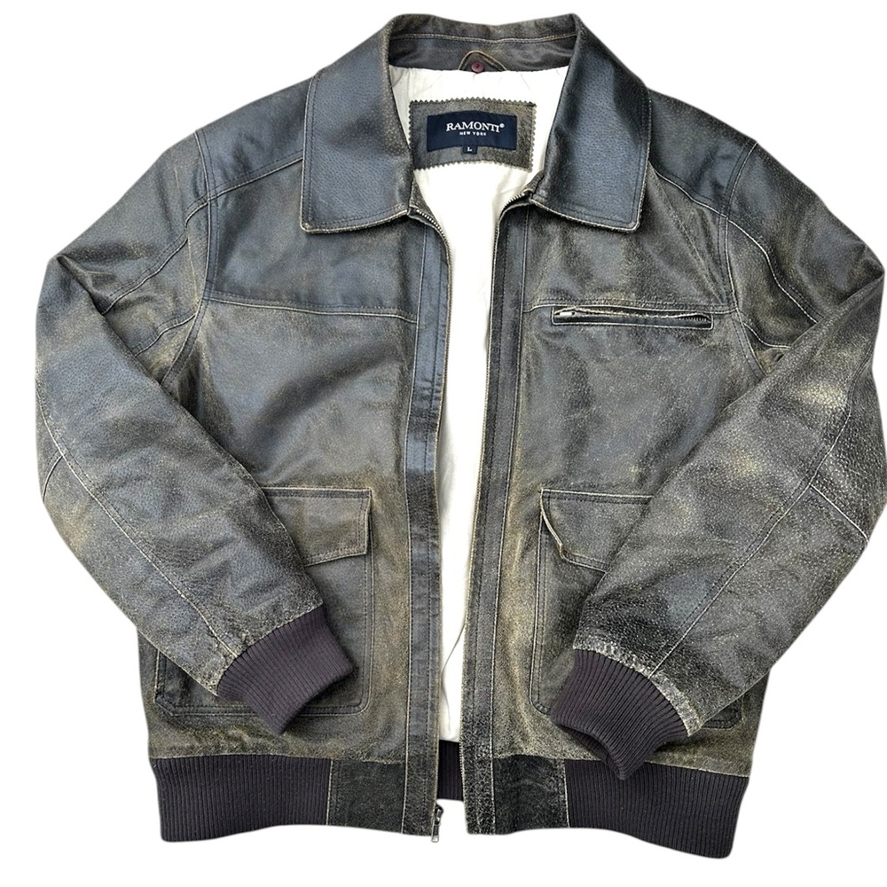 Vintage 90s Ramonti New York Brown Leather Distressed Bomber Jacket Men’s Size L